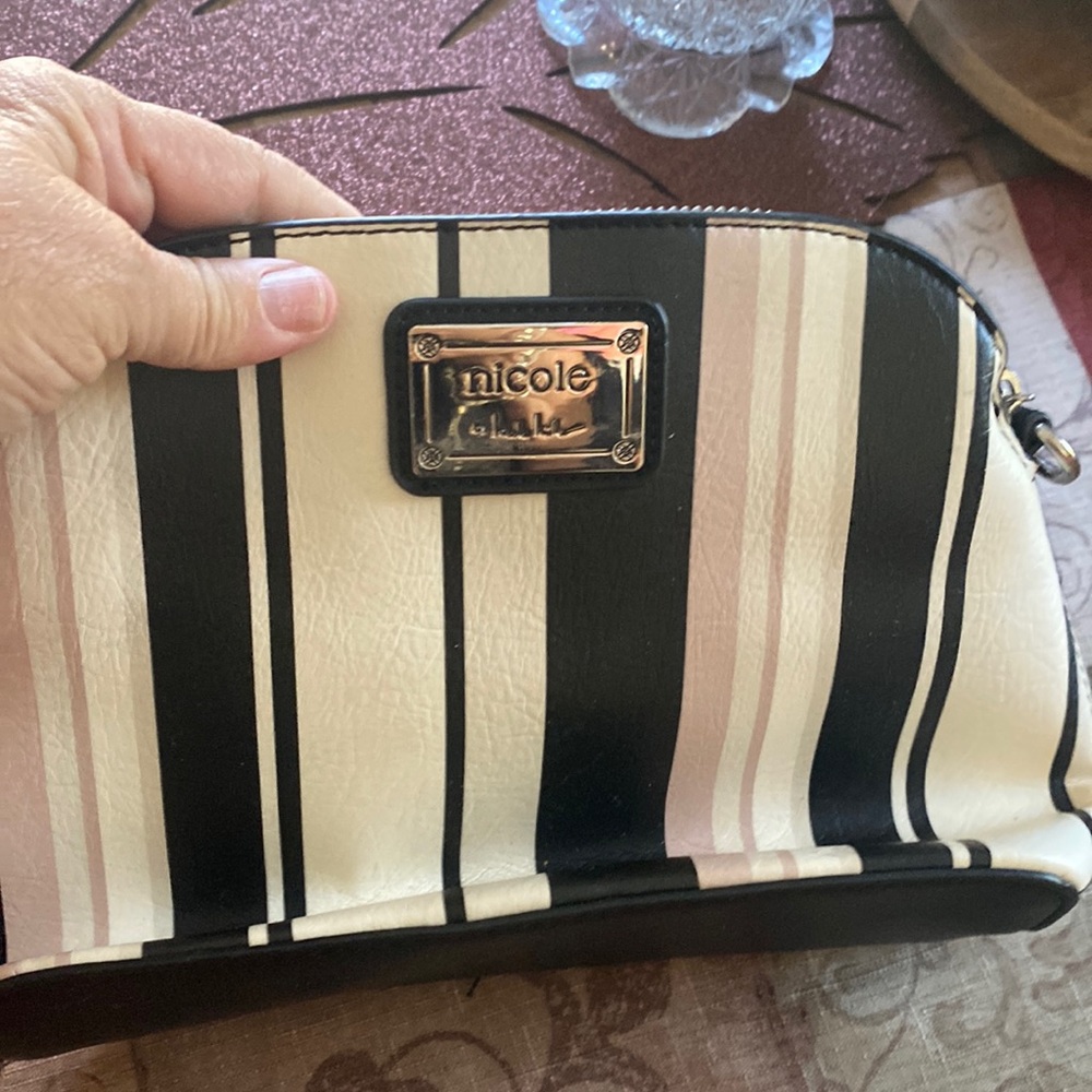 Nicole miller black pink striped small handbag